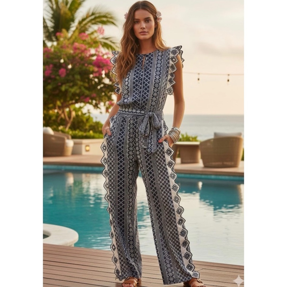 Chloe Laetitia Ruffle Detail Embroidered Eyelet Blue Cream Belted Jumpsuit Sz S